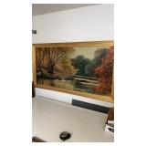 Framed Swan Pond Painting approx 52" x 28"