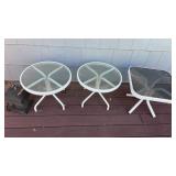 3 white metal and glass top outdoor side tables