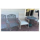 2 metal patio chairs with  table  and 2 other