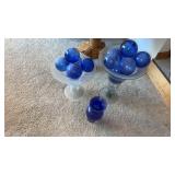 Large glass pedestals bowls with blue glass balls