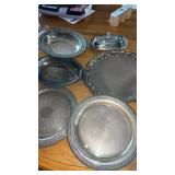 Silver plate platters , butter dish and bowls