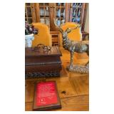Grouping of decorations including wood box, elk