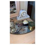 2 desk/ dresser, clocks, trinket boxes, and more