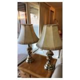 2 matching brass lamps with shades  table not