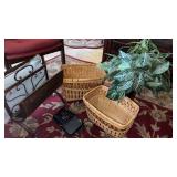Faux plant , 2 wicker baskets , metal magazine