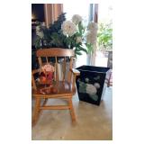 Kids wooden rocking chair , faux flowers in a pot