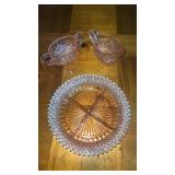 Pink depression, glass sugar, creamer and dish