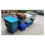 11 Storage Plastic Tubs, w/ Lids & Wicket Basket