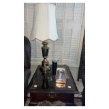 Wooden end table with glass top.  Approximately