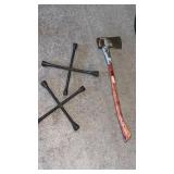 Wood handle ax and 2 tire irons