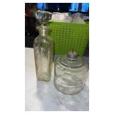 Vintage glass, kerosene drip jar and a glass