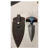 Damascus push dagger with leather sheath  wood