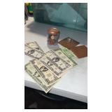 Group  of vintage play money, bills, coins, and