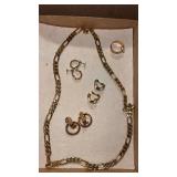 Gold tone  clip earrings, and necklace