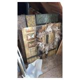 Decorative blue pumpkins, fall flowers, and metal