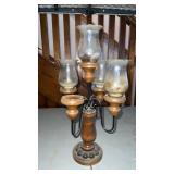 Wood and Wrought Iron Lamp (Missing 1 Glass)