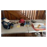 Grouping of Decorations, Stuffed Santa, Sign,