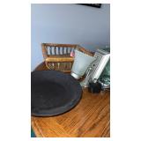 Wooden basket, wall mounted light fixture and