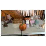 Grouping of Home Decor. Ceramic Pumpkin, Candle