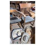 1 wooden chair, wooden rocker and hats
