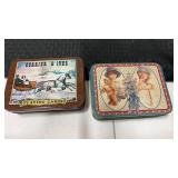 Tin Currier & Ives sealed playing cards and tin