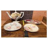 2 Porcelain Plates, Platter & Tea Pot, 1 plate is