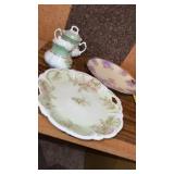 2 Porcelain Floral Plates , Covered Sugar Bowl &