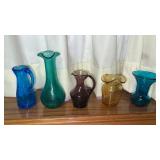 5 miscellaneous  colored crackle glass vases