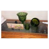Green glass candy dish, ashtray and more