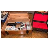 Wooden box with contents and small chest jewelry