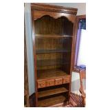 Wooden book shelf with glass shelves and drawer