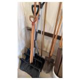 Lot of long handle tools including spade shovels