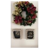Black and white framed photos and wreath