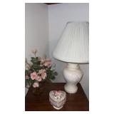 Table lamp , heart trinket dish and faux flowers