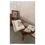 Table linens and glass dish and more