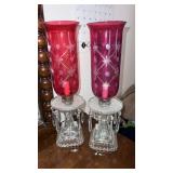 Victorian style cranberry glass table lamps, set