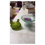 Lot of glass green chicken candy dish and more