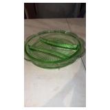 Green depression glass three way divided relish