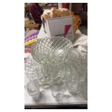 Large lot of glass punch bowl with cups