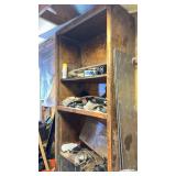 Wooden shelf with contents approximately 34 x 83