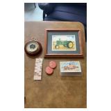 Atco barometer and tractor pictures and pins and