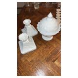 White milk glass candle stick holders and covered