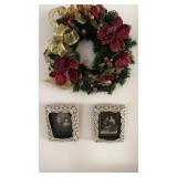 Black and white framed photos and wreath