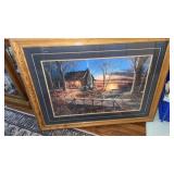 Framed and matted picture of a log cabin signed