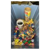 Tote with lid and miscellaneous kids toys.