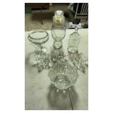 3 glass jars, 3 candle holders and one glass
