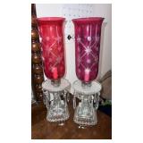 Victorian style cranberry glass table lamps, set