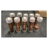 9 Tubes Mixed Years Pennies, 1 Partial, Approx 50