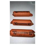 3 rolls of 1980ï¿½s quarters with a D mint mark
