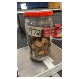 Glass Jar, 1972 Unsearched Pennies. 3 pounds 15